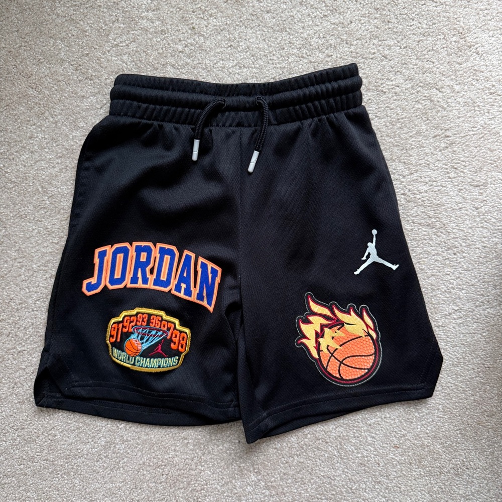 Jordan Kids Black Basketball Shorts with Team Patches EUC